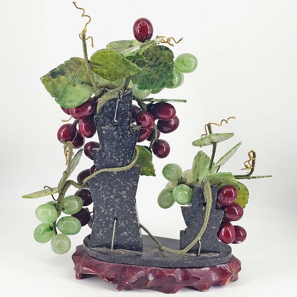 Vintage Bonsai Grape Clusters Vine tree glass Quartz Jade Wood base Heavy